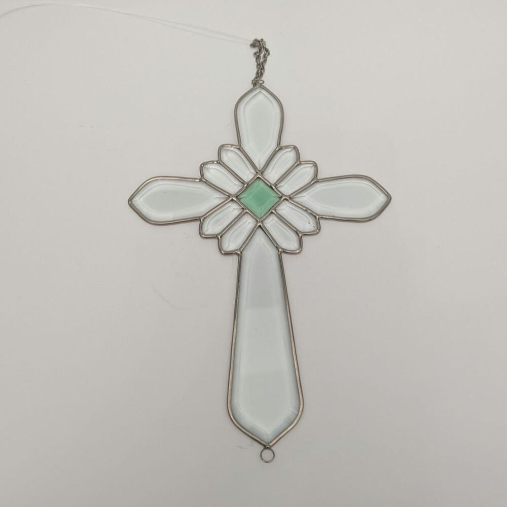Leaded Stained Glass Cross Crucifix Beveled Green Suncatcher 11 x 7.25 in